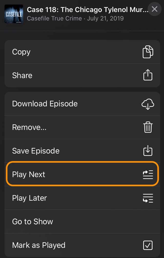 Podcast app episode quick action options
