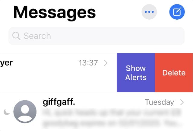 Show Alerts button from iPhone Messages app