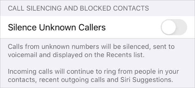 Silence Unknown Callers iPhone Phone settings