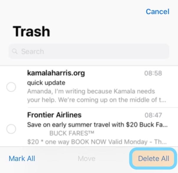delete all trash from iOS Mail App email account