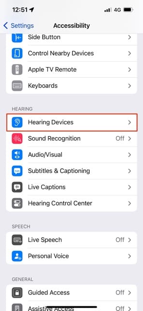 Hearing Settings on iPhone Select