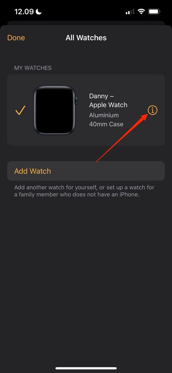 Select the Information Icon on an Apple Watch