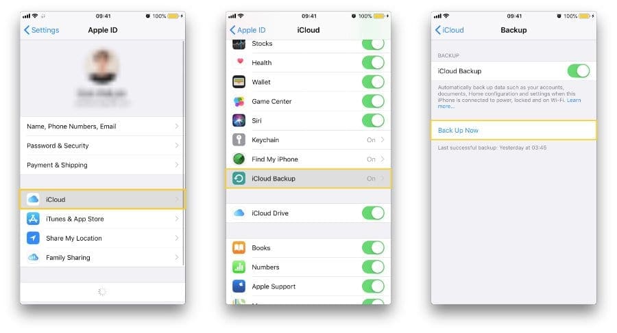 Screenshots showing the three steps above: Opening the iCloud settings, selecting iCloud Backup, and tapping Back Up Now