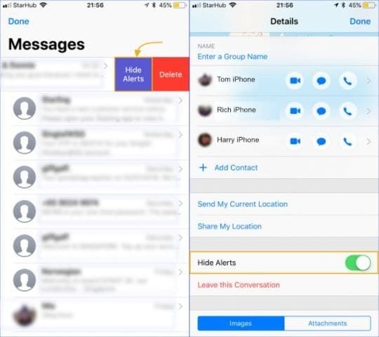 Screen shot of the two ways to mute notifications, or hide alerts, in Messages
