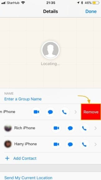 Screenshot of the Remove button in the Group Chat Details page