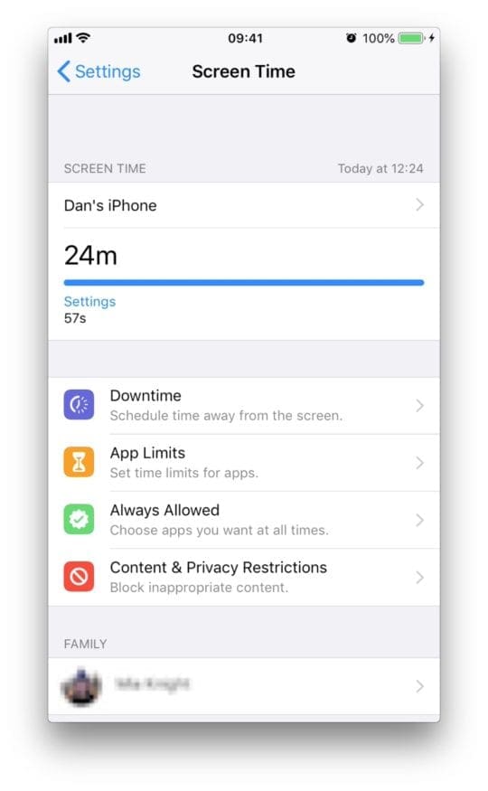 Screenshot of the Screen Time settings page
