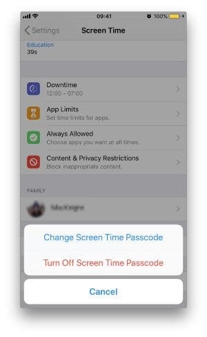Screenshot showing the option to Turn Off Screen Time Passcode