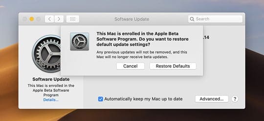 Отказаться от бета-версии macOS и восстановить настройки по умолчанию в обновлении программного обеспечения