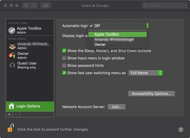 automatic login for Mac using macOS System Preferences for Users & Groups