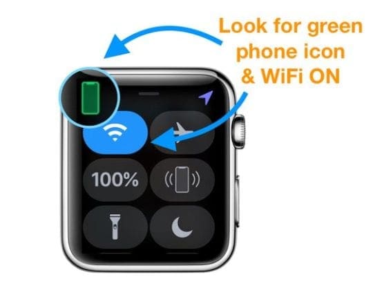 Control Center on Apple Watch WiFi on and phone connected