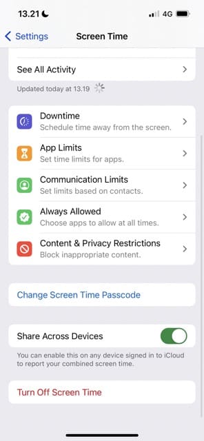 The option to change a Screen Time passcode