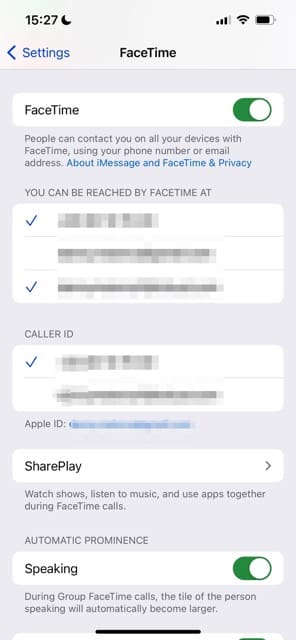 FaceTime Settings in iOS