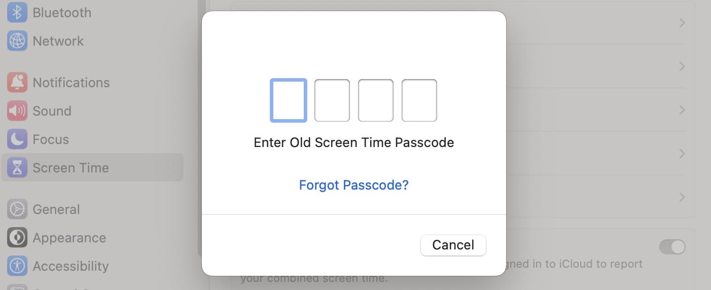 The option to reset a screen time passcode that has been forgotten on macOS