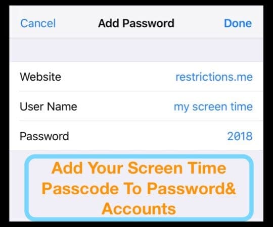 add screen time or restrictions passcode to iOS 12 passwords & accounts