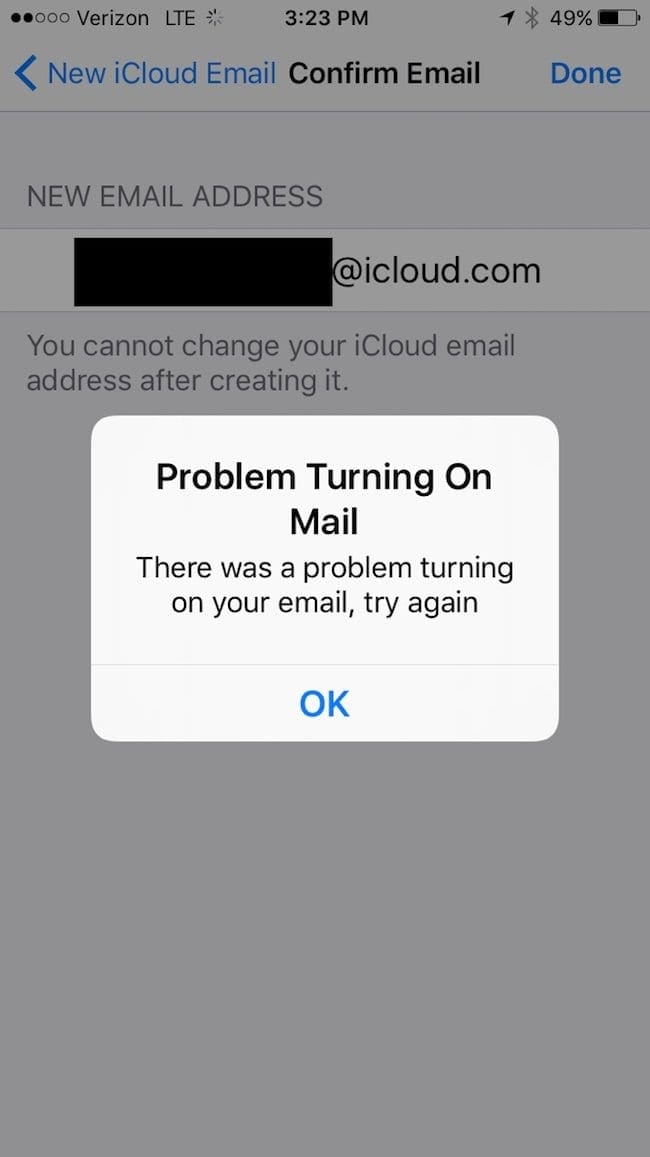 Screenshot of the Problem Turning On Mail error message on iPhone
