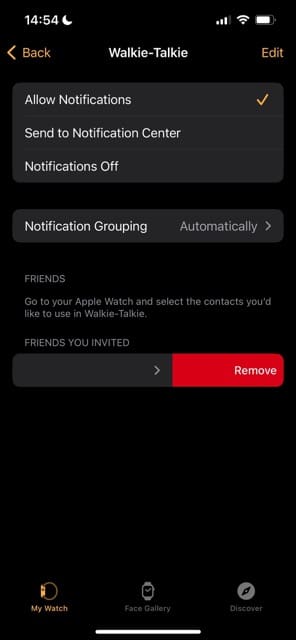 Option to remove invited contacts on your Apple Watch