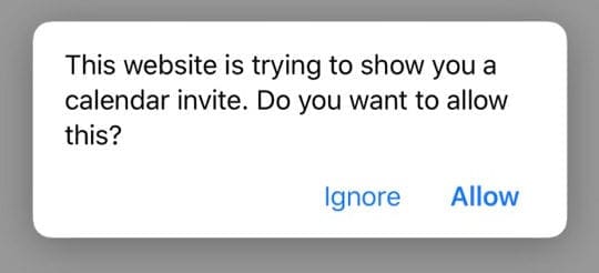 Safari message this website is trying to show you a calendar invite, do you want to allow this