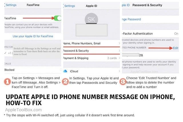 Update Apple ID Phone Number message in Settings, How-To Fix