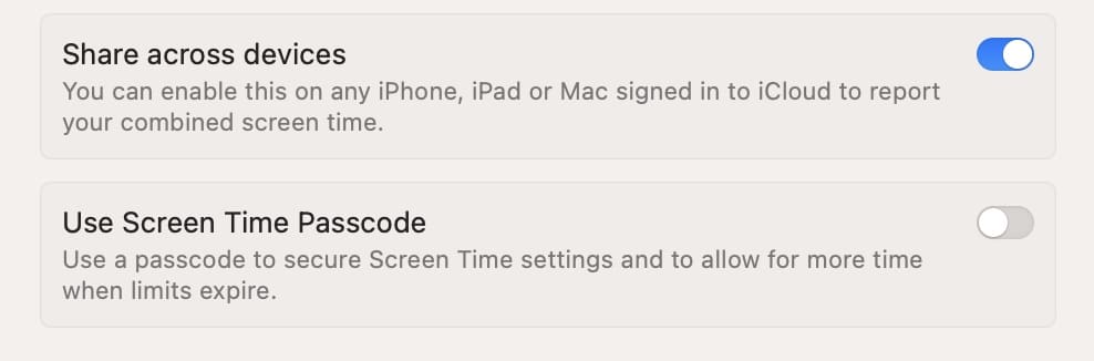 The toggle to set up a passcode in Screen Time on your Mac
