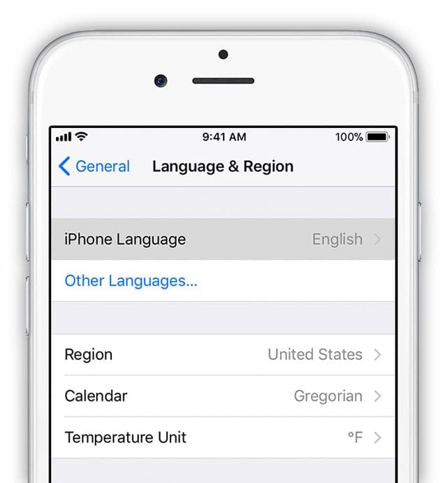 iOS General Setting for Language & Region on iPhone