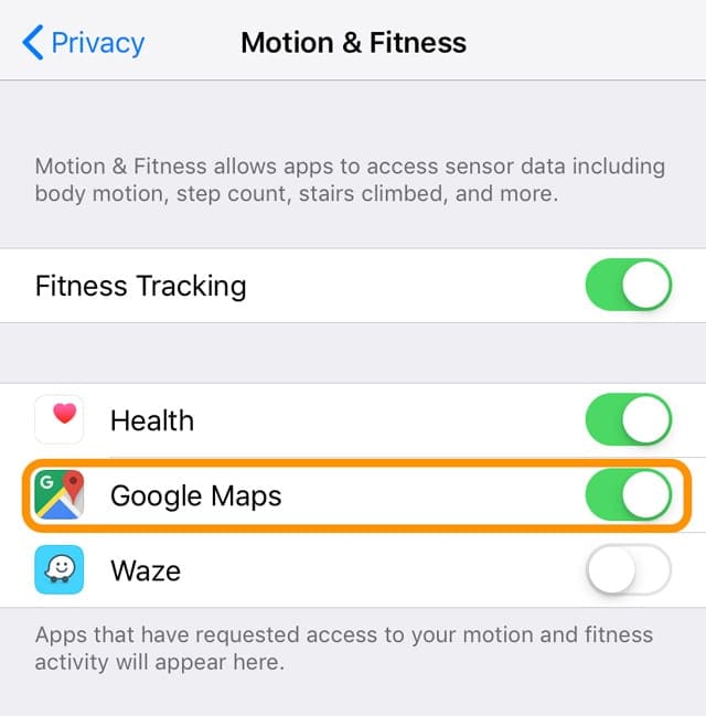 enable Google Maps on iPhone's Fitness and Activity settings