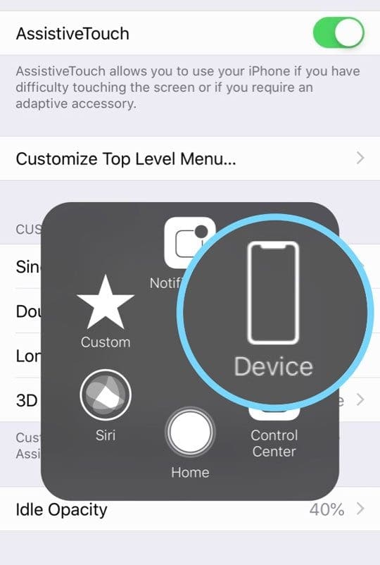 Device Options in Assistive Touch Menu