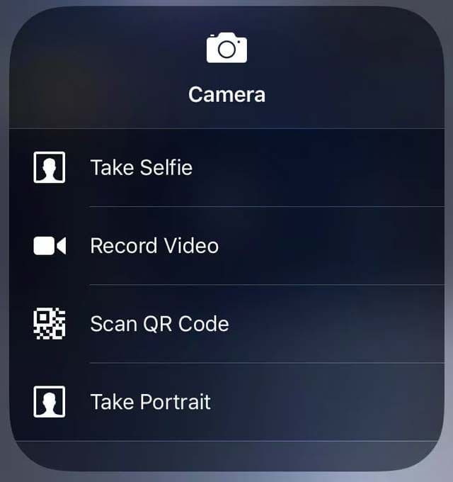 haptic touch menu for camera app on iPhone XR