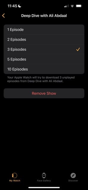 Option to choose episodes on Apple Watch app for iOS