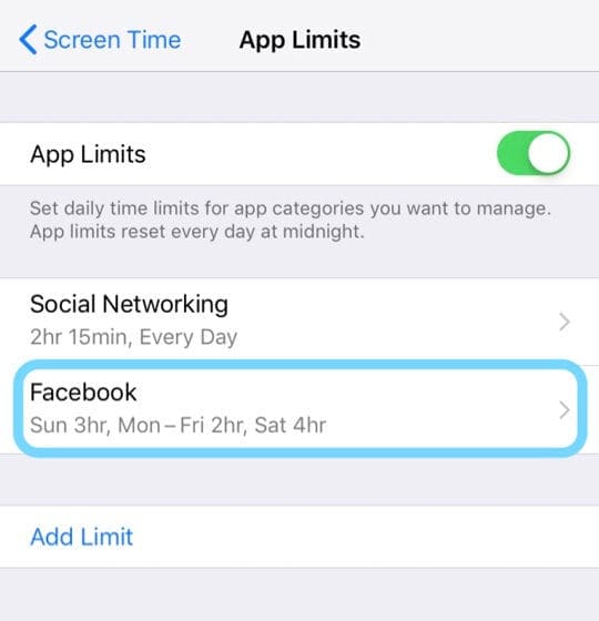 iOS Screen Time Individual App in App Limits Setting
