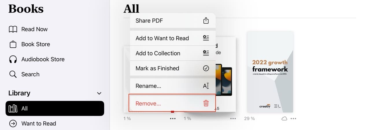 The option to remove a book in Apple Books