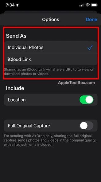 iOS 13 Share individual Photos vs iCloud link
