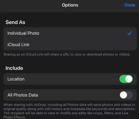 share sheet image options for Photos App iOS13 and iPadOS