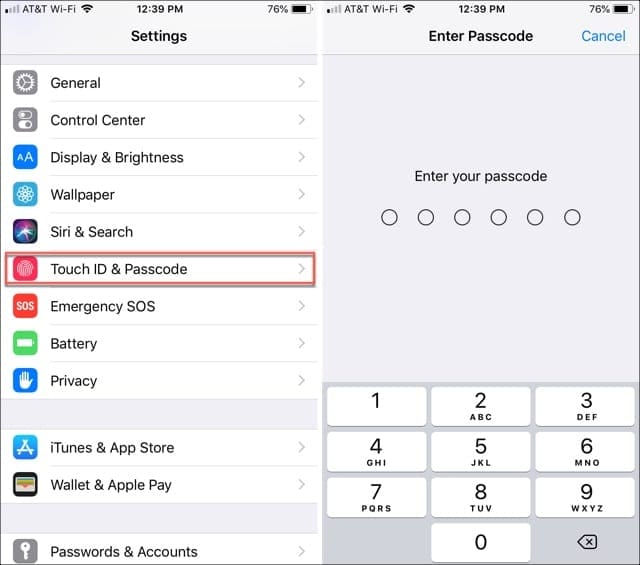 Access Touch ID and Passcode from Settings