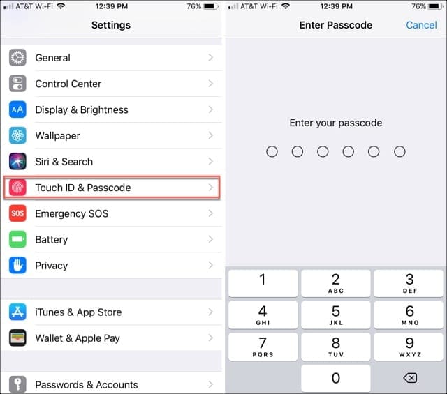 Доступ к Touch ID и паролю из настроек