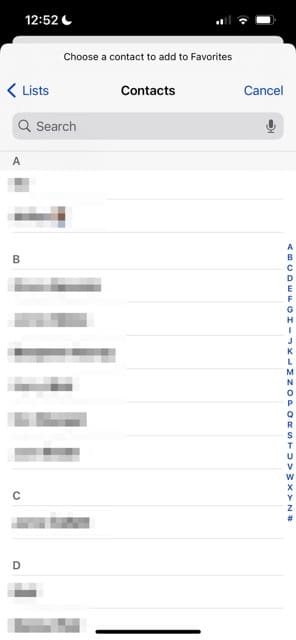 A contact list from an iPhone