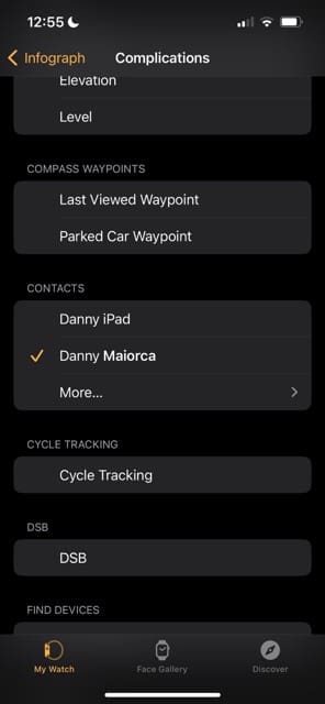 Add contacts to an Apple Watch screen