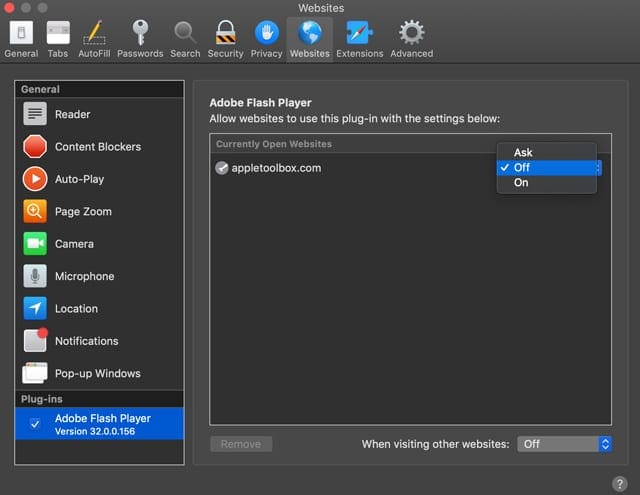Allow or disallow adobe flash in Safari using adobe flash player plugin