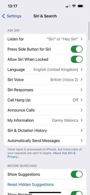 Ask Siri Settings on iOS