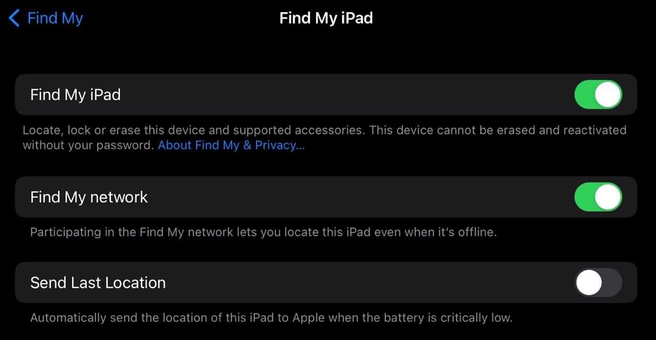 The Settings for Find My on iPadOS