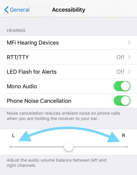 hearing slider between Left and Right in accessibility settings iPhone