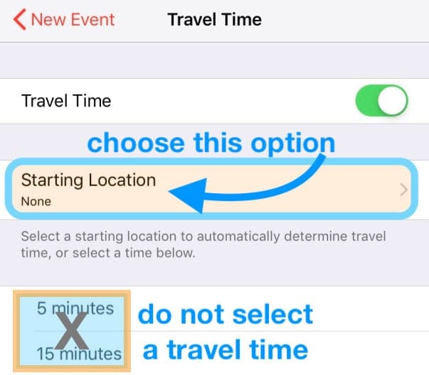enter a starting location for travel time in calendar app iOS iPhone iPad iPod