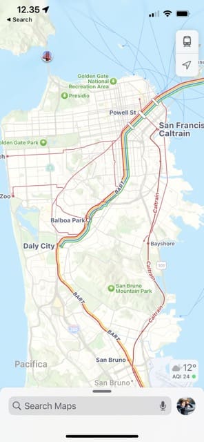 The air quality in San Francisco shown on a map