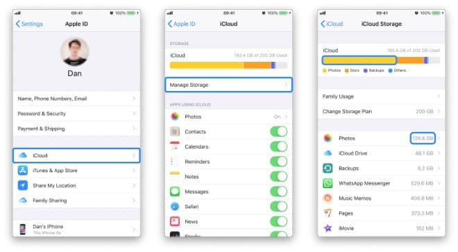 Three screenshots showing an iPhone navigating to the iCloud Manage Storage screen