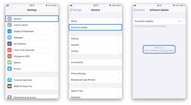 Three screenshots showing how to navigate to the Software Update Settings on iPhone