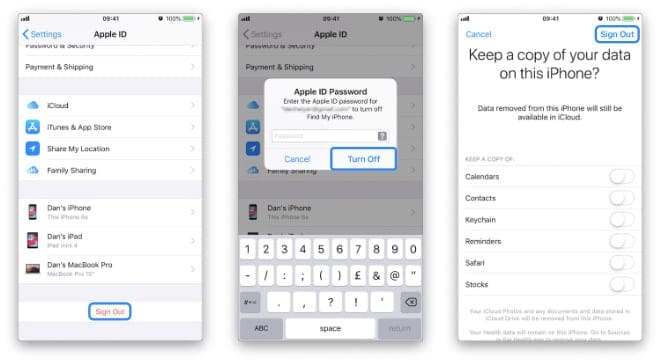 Three screenshots showing how to sign out of Apple ID on iPhone