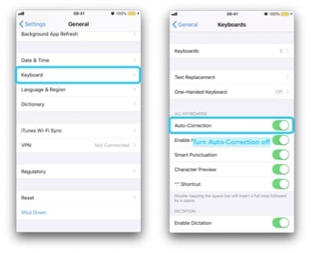 Two screenshots of an iPhone navigating to the Keyboard settings