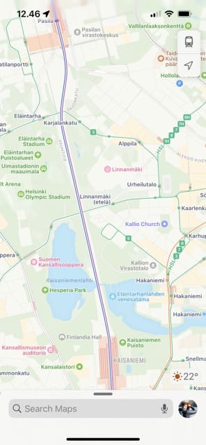 The weather conditions in Helsinki on Apple Maps