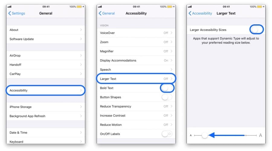 Three iPhone screenshots navigating to the Accessibility Text Settings