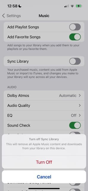 Turn off the Sync Music feature in Apple Music