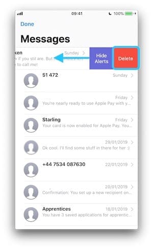 Screenshot from iPhone showing how to delete conversations in Messages